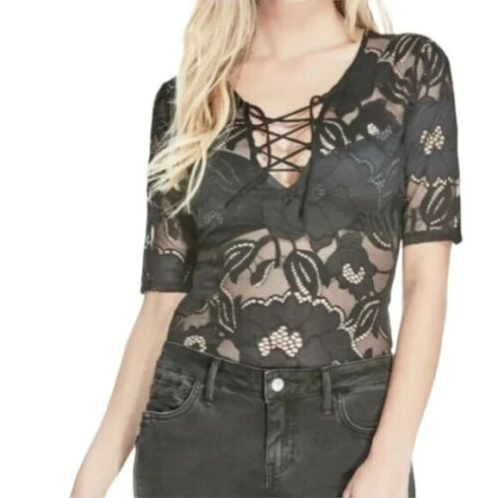 NWT Guess Black Lace Up Sheer Floral Lace Corset Bodysuit Mesh 1/4 Sleeve size S